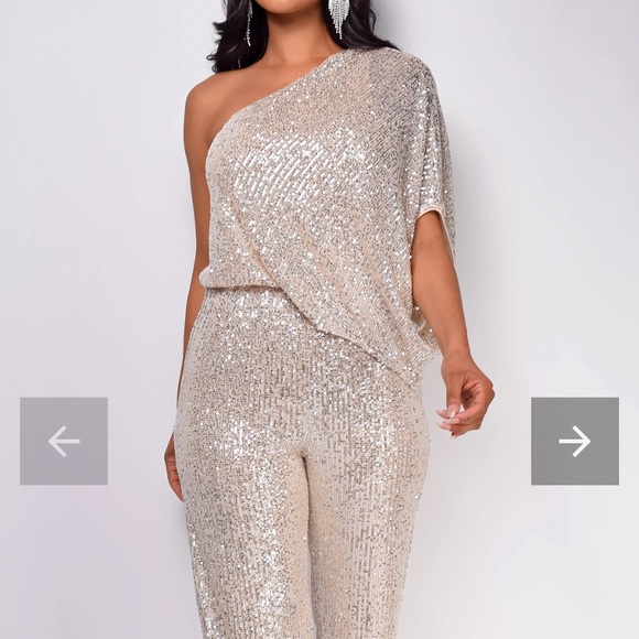 EMPRADA one shoulder champagne colored jumpsuit with sequins. Size XL. - Picture 2 of 2